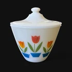 Vintage 50s Anchor Hocking Fire-King Tulip Ivory Milk Glass Grease Jar Bowl Lid