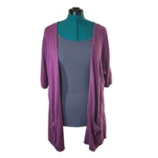 J Jill Linen Blend Cardigan Women's L Purple 3/4 Sleeve Open Front Pockets