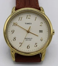 Timex Analog Quartz Watch Gold Tone Brown Strap Indiglo Easy Reader WR 30 clean