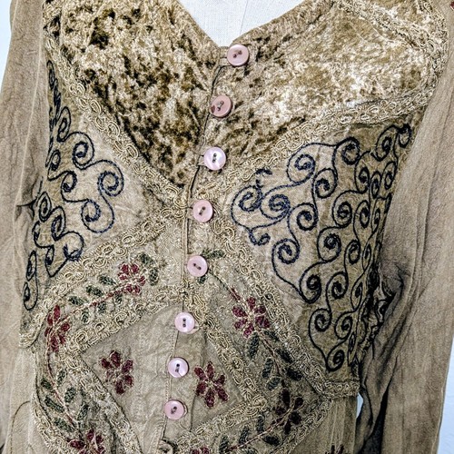Boho Patchwork Velvet Embroidered Top Lagenlook Artsy Button Front Rayon Blouse - Picture 4 of 11