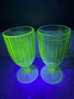 2 pc Vintage Federal Green Uranium Depression Glass Optic Panel Water Goblet  6"