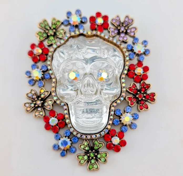 BROCHE CRISTAIS AÇÚCAR CAVEIRA resina transparente cabine coroa floral AB olhos de strass F1 - Imagem 2 de 4