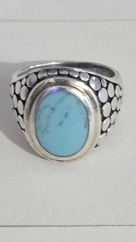 Turquoise STERLING SILVER RING Dot Textured Bezel Band Size 7 VINTAGE TREASURE