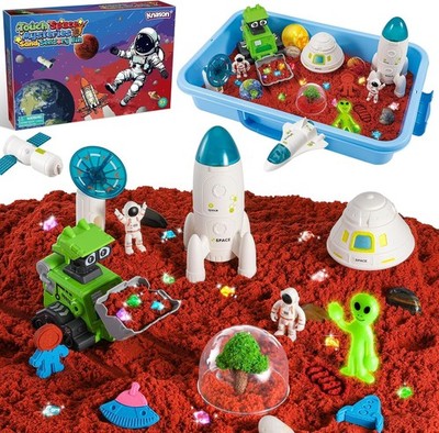 Outer Space Sensory Sand,2.2lb Sand Kit for Boy,Glow in The Dark Alien and Gems