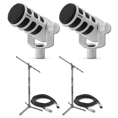 Rode PodMic (White, Pair) with 2x On-Stage MS7701B Floor Microphone Stands