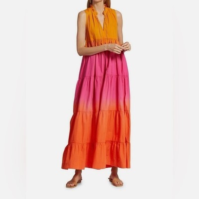 SWF Sunset Ombré Tiered Cotton Maxi Dress Ruffle Neck Boho Resort XS