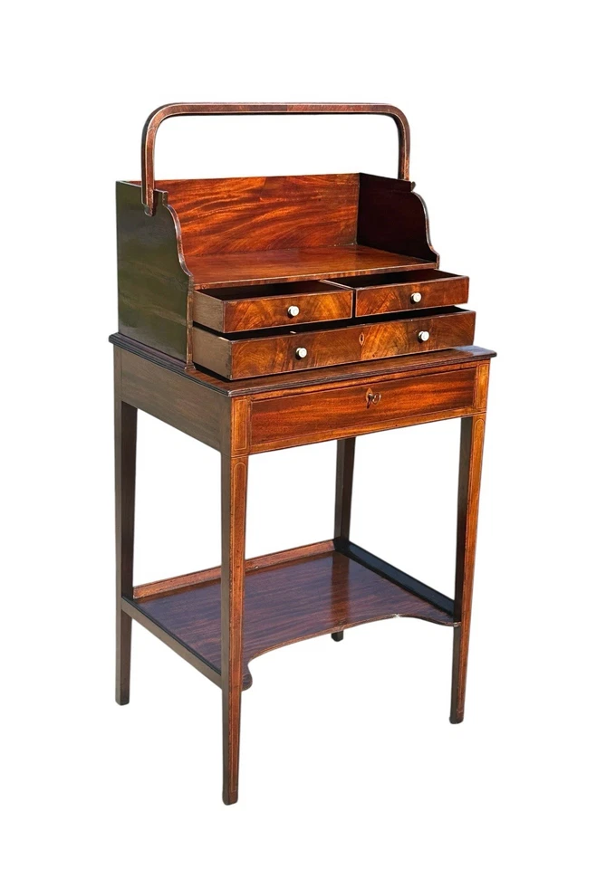 Antigua mesa auxiliar con incrustaciones de caoba Jorge III con sección de trabajo de costura portátil Foto 2 de 4