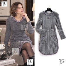 CHANEL 08A Gray Cashmere Beads Trim Knit Tops Skirt Dress Runway 34 36 US2 4 6