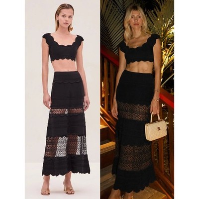 Alexis Lise Top & Jeanne Skirt Set Black Ribbed Scalloped Trim Knit NWOT Size S