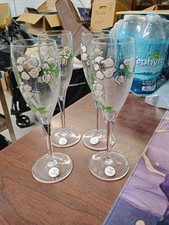 Set of 4 Perrier Jouet Hand Painted Floral Champagne Glasses Flutes 7 1/2" Tall