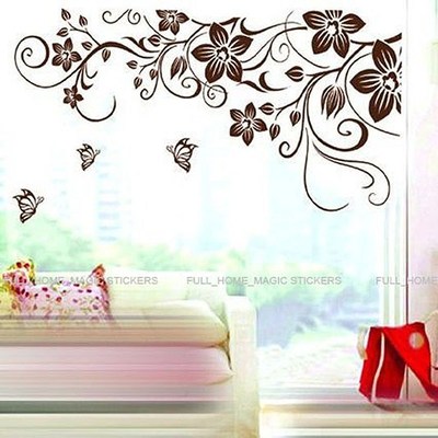 Abnehmbare braune Blume Rebe Schmetterling Vinyl Kunst Aufkleber Wandaufkleber Fensterdekor