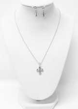 Silver Plated Budded Cross Pendant Necklace Earrings Set for Child