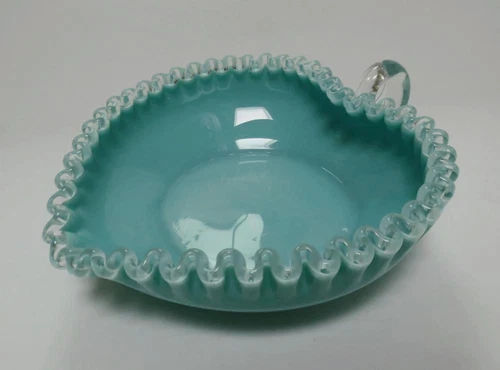 Rare Vtg 1950's Fenton Turquoise Blue Silver Crest Heart Shape Candy Dish Bowl