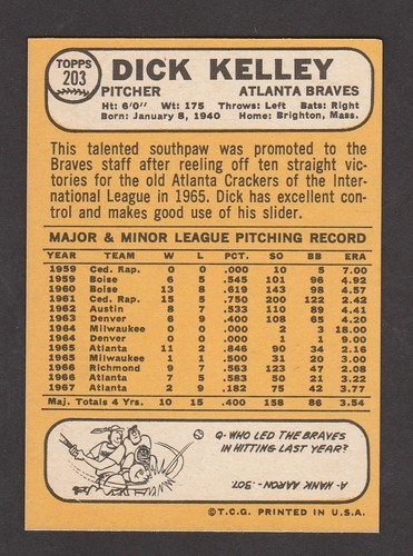 1968 TOPPS BASEBALL # 203 DICK KELLEY EX-MT+ INV A1620 - Afbeelding 2 van 2