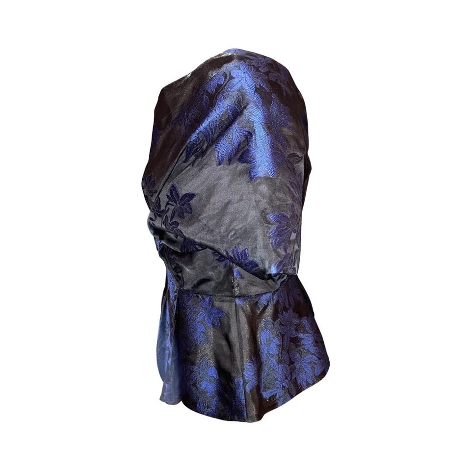 Blusa Top Zac Posen Negra Azul Floral Manga Corta Peplum Poliéster/Seda Talla 4 Foto 2 de 4