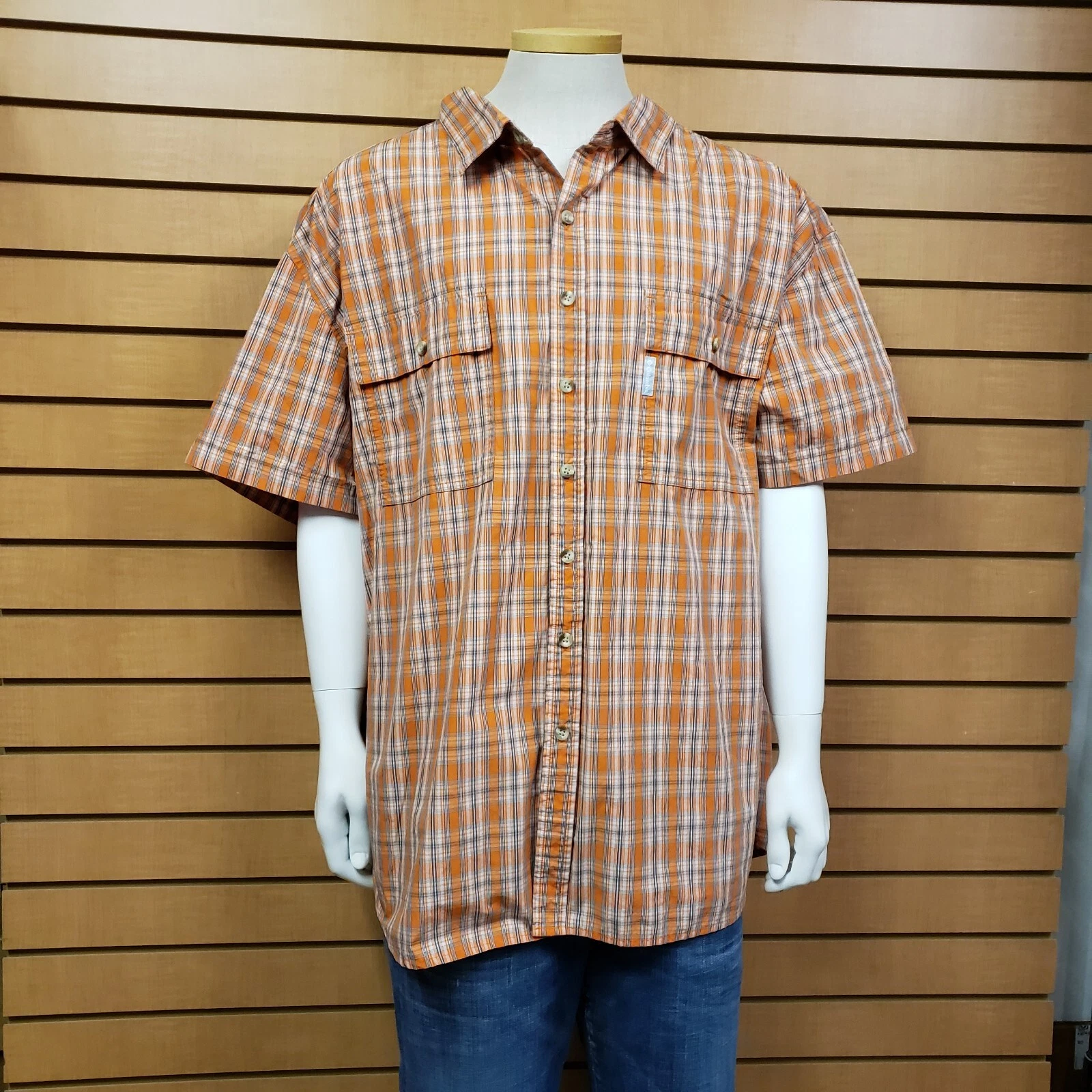 Columbia Omni Shade Orange Plaid Button Down Shirt Outdoor Fishing Hiking Pocket