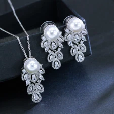 Silver Plated CZ Leaf Pearl Dangle Drop Earrings Pendant Necklace Jewelry Set