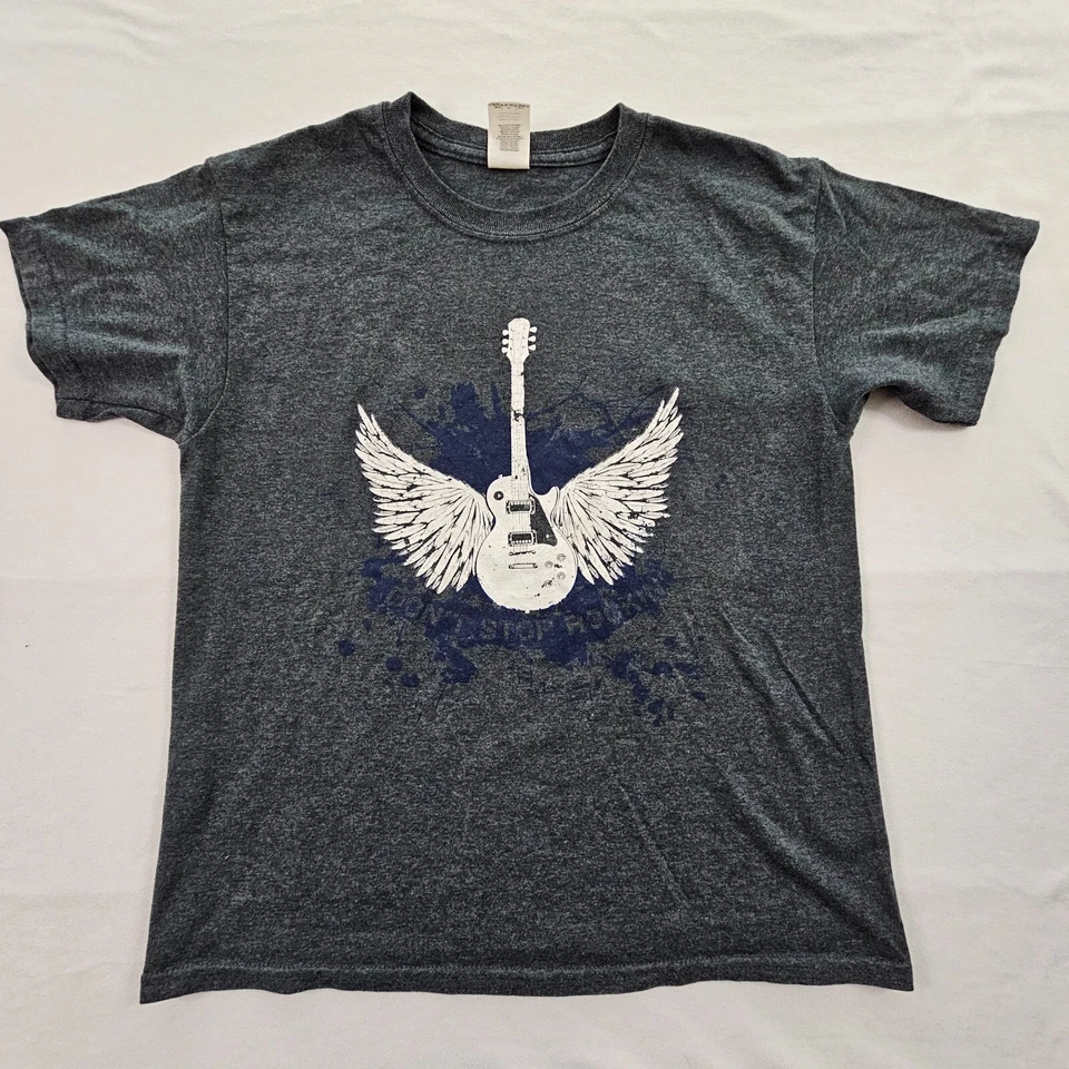 Camiseta Don't Stop Rockin' Guitar Wings azul manga curta Youth M - Imagem 2 de 4