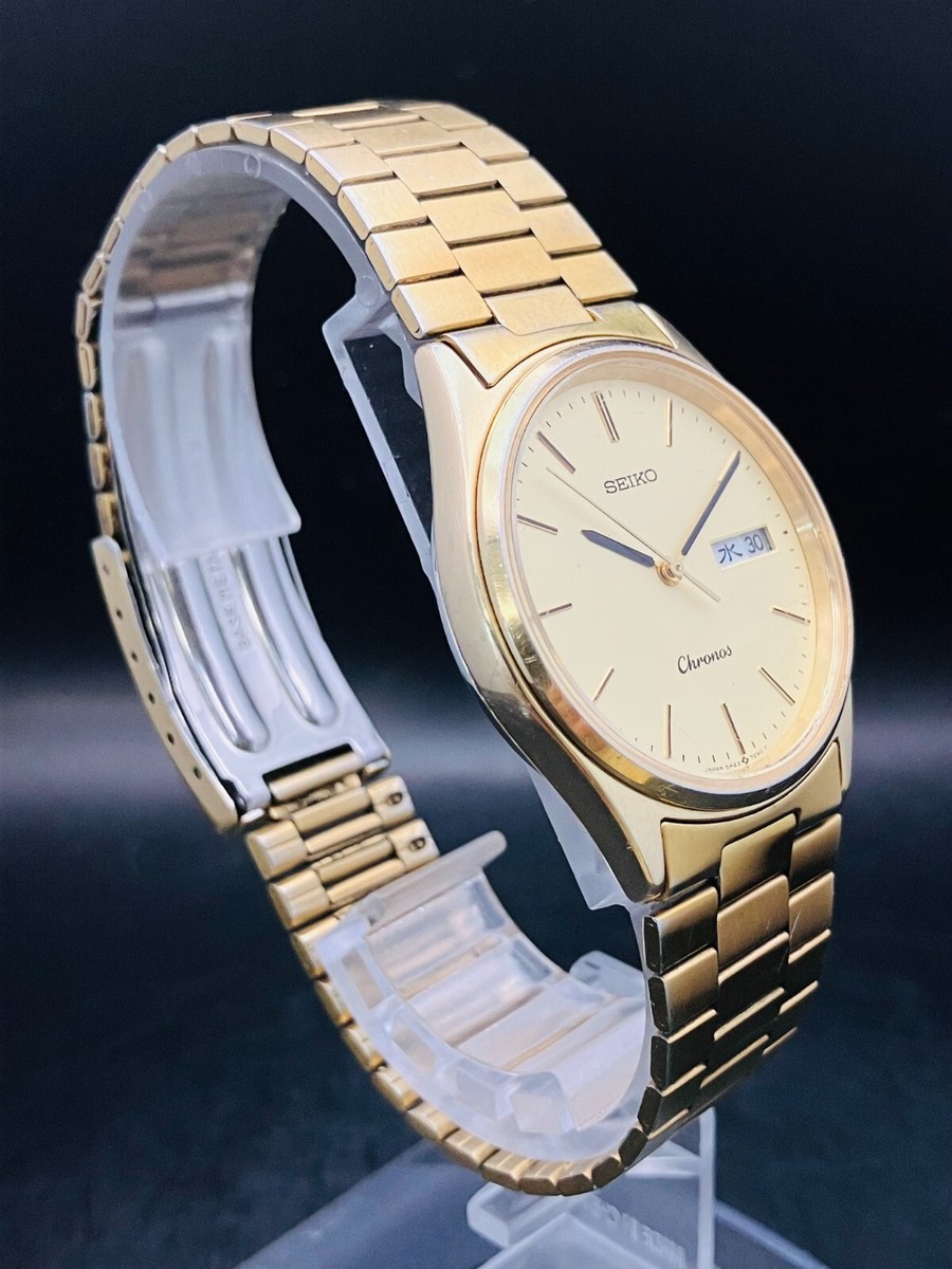 SEIKO WATCH CHRONOS QUARTZ 5H23-7D40 GOLD DAY DATE KANJI | eBay