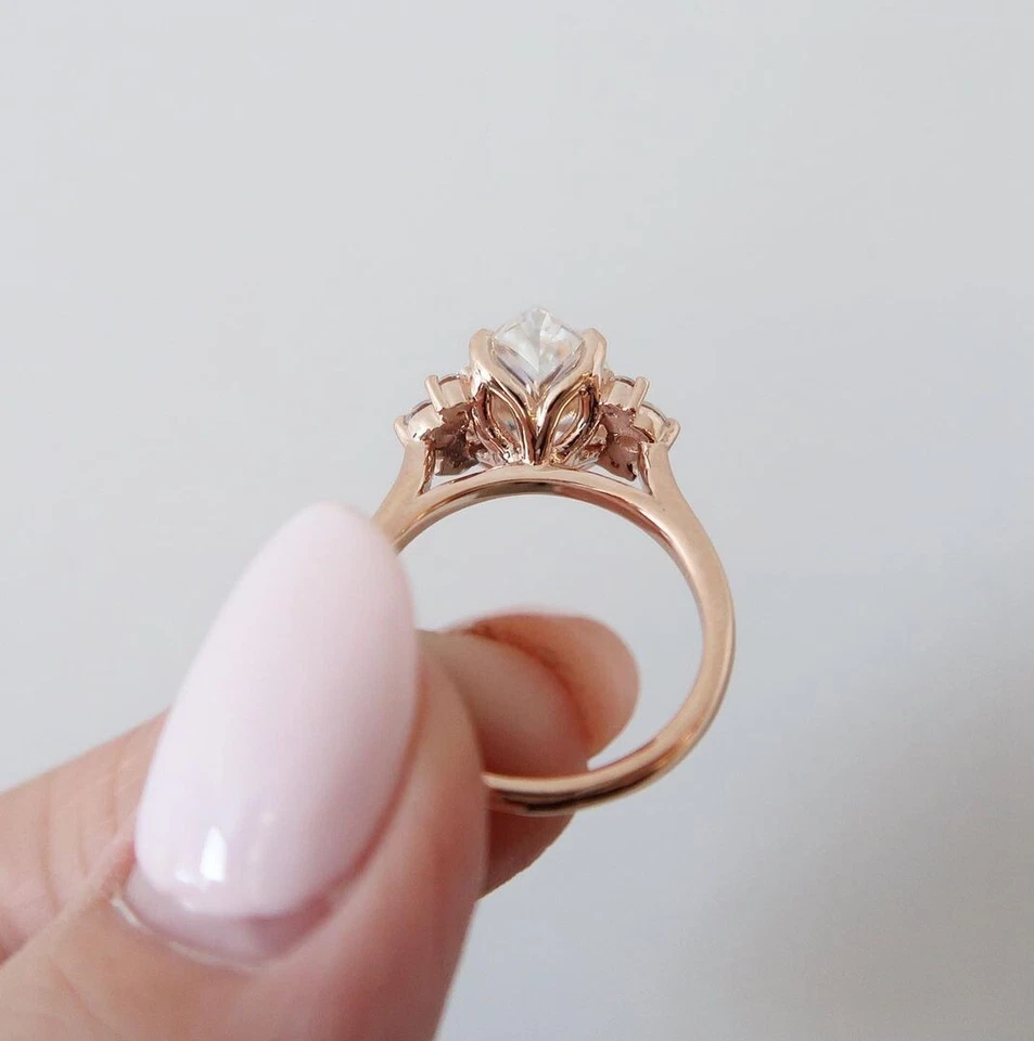 10k Solid Rose Gold 2.2 Ct Colorless Pear Cut Moissanite Cluster Engagement Ring - Image 2 of 4