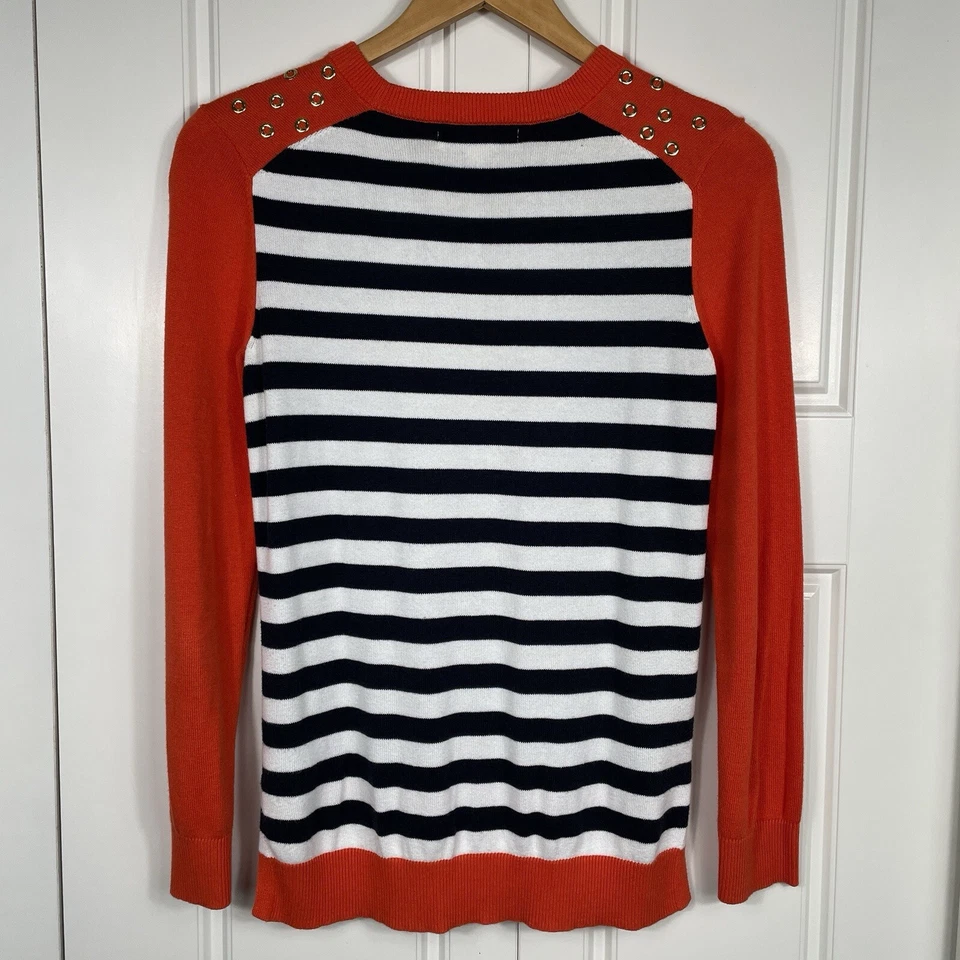 Suéter MICHAEL Michael Kors Mujer S Pequeño Naranja Azul Marino Blanco Rayas Dorado Preppy Foto 2 de 4