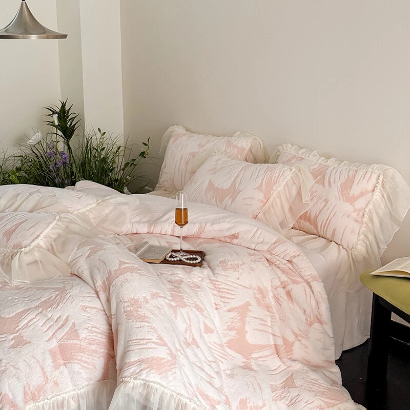 Juego de Ropa de Cama 4 Piezas Cálido Leche Terciopelo Flor Funda Nórdica Sábana Plana Fundas de Almohada Foto 4 de 4