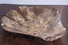 Vintage 24k Gold Plated Flowers Glass 1950s Serving Plate Sea Shell Shape