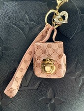 New Pink Faux Leather Mini Bag Purse Charm Keychain w/ Wrist Strap Heart Charm