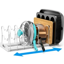 Expandable Pan Organizer Rack, 10 Adjustable Compartments, White - Kitchen Ca...