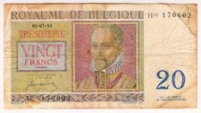 1950 Belgium 20 Francs 170602 Paper Money Banknotes Currency