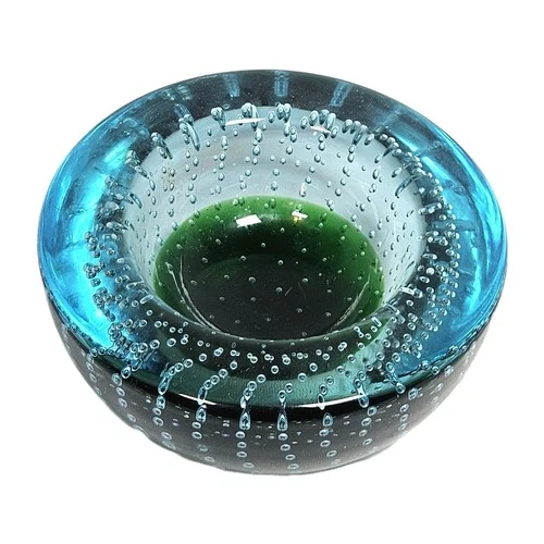 Vtg Galliano Ferro Art Glass Bowl/Ashtray Blue Green Murano Sommerso Bullicante