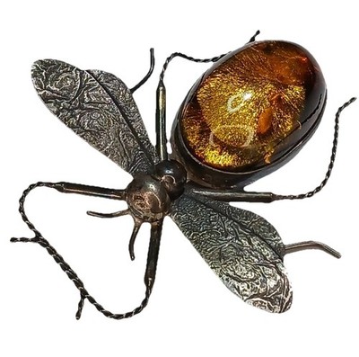 Vintage Amber Sterling Bug Insect Fly Moth Brooch Pin