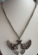 Silver Tone Rhinestone Winged Guns Pendant Necklace Adj Chain 19" Motorcycle