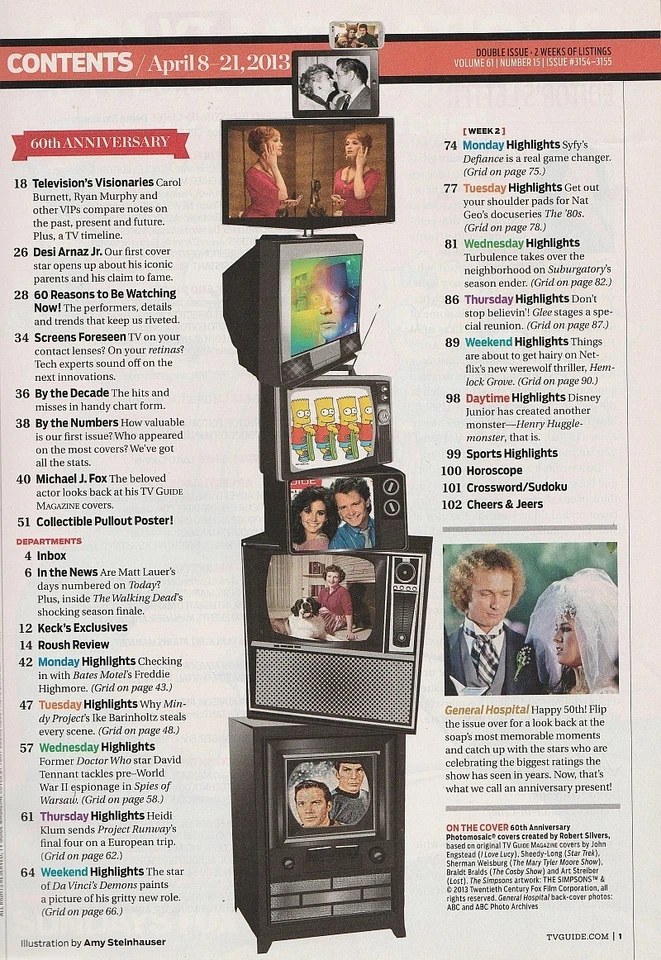 TV Guide 60th Anniv Apr 8-21, 2013 MARY TYLER MOORE-GENERAL HOSPITAL 50th ANNIV - Image 2 of 4