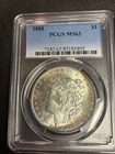 1888 PCGS MS63 MORGAN SILVER DOLLAR DARK BLUE CRESCENT TONING COLOR DUAL TONED