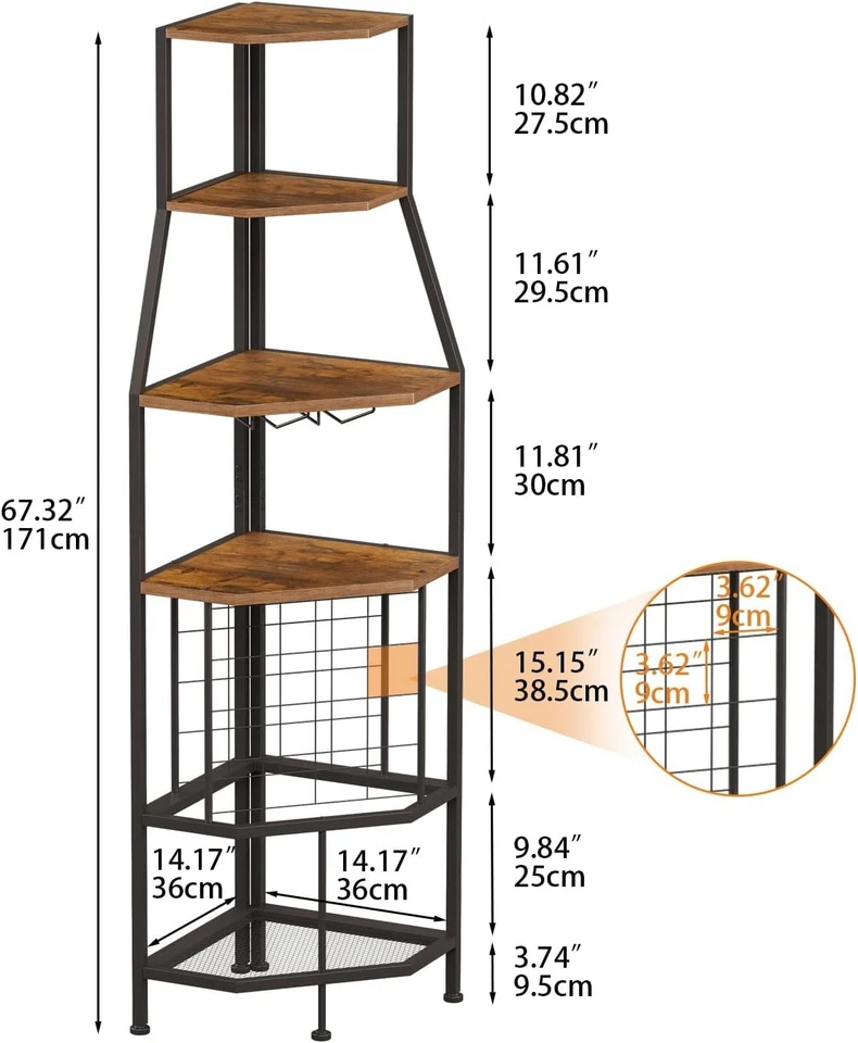 5-Tier Corner Wine Rack Bottle Storage Cabinet with Glass Holder Rustic Brown - Image 2 of 4