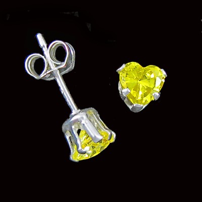 4mm Heart CZ Citrine Yellow Post Stud Earrings in SOLID Sterling Silver - NEW!