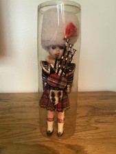 Antique Vintage celluloid Doll sleepy eyes Scottish guard High fur hat  bagpipe