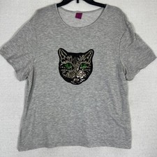 Melissa Masse Top Womens 3X Sequin Cat Patch Short Sleeve T-Shirt Made IN USA