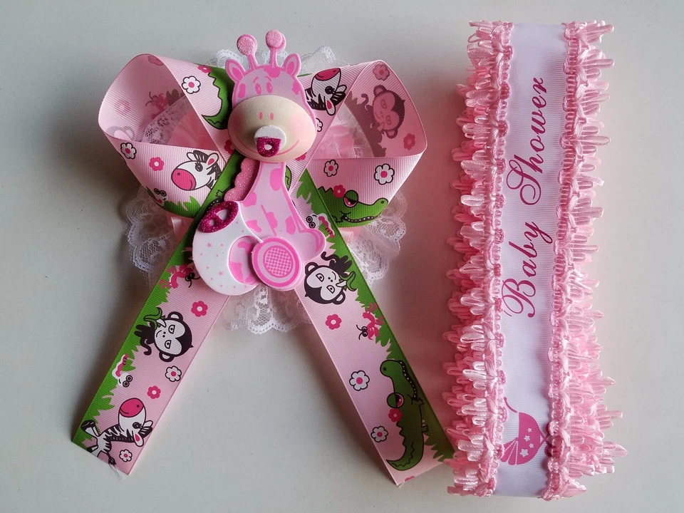 Faja de jirafa Baby Shower Mom To Be It's a Girl rosa cinta de safari ramillete Noah's Foto 3 de 4