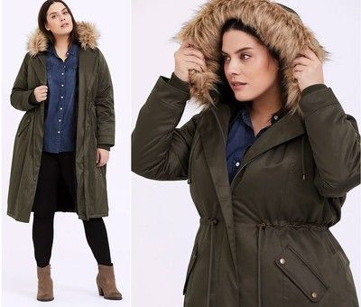 Torrid Olive Green Parka Full-Length Winter Coat Puffer Jacket Fur Hood Women 2X | eBay