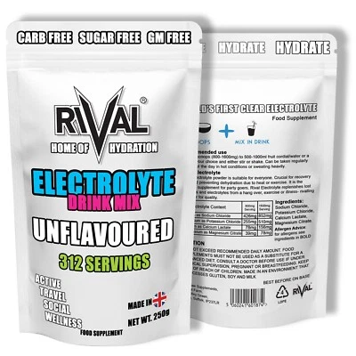 RIVAL SPORTS FUEL Sugar Free Unflavoured Electrolyte Powder Hydration – Rival 250g, 312 Servings