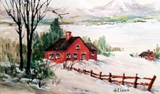 H.C. Lewis Watercolor WINTER BEAUTY, NEW HAMPSHIRE Rural Mountain Home, Painting