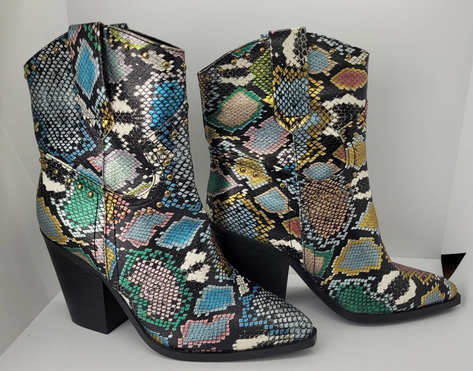 Botas femininas de couro bambu cowgirl tamanho 8 padrão pele de cobra - Imagem 2 de 4