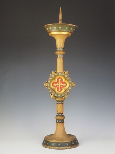 Large Gothic Revival Polychrome and Giltwood Altar Candlestick - Afbeelding 1 van 15