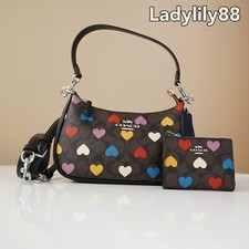 NWT Coach CP112 Teri Shoulder Bag/Bifold Wallet CP424 Signature Canvas Heart Prt