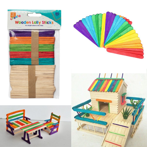 Wooden Lolly Pop Sticks - 80 Pack Ice Natural Colour Bright Lollipop Arts Crafts