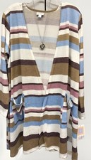 NWT LuLaRoe Large White Brown Maroon Pink Blue Striped Caroline Cardigan Sweater