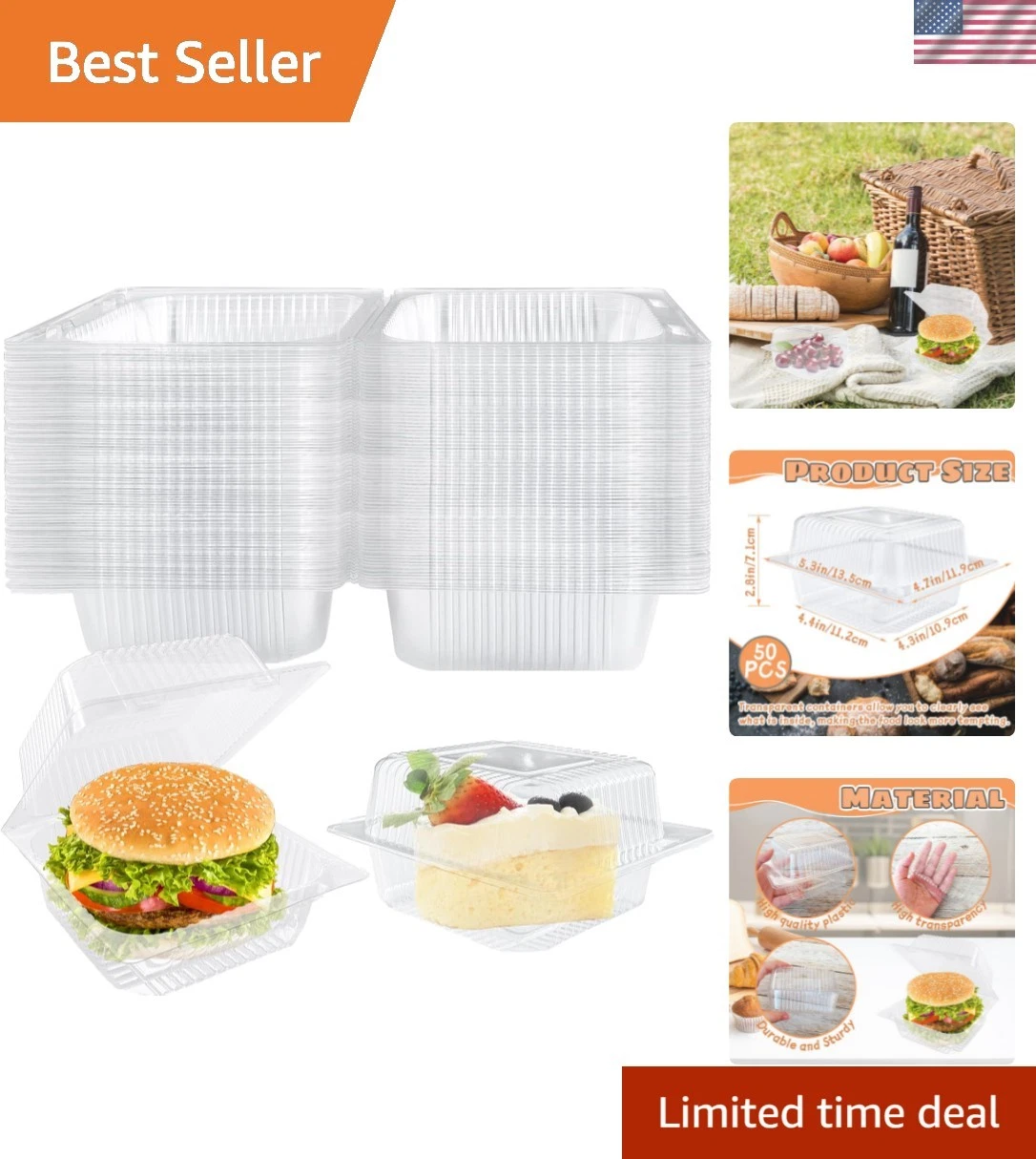 50 Pcs Clear Plastic Take Out Containers,Clear Plastic Square Hinged Food Con...