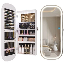 LED Mirror Jewelry Cabinet, Wall/Door Mount Jewelry Mirror Organizer, Rounded...